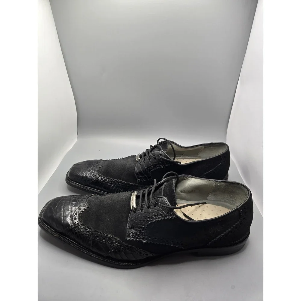 Belvedere Mens Wingtip Oxfords Black Leather Crocodile Square‎ Toe Lace Up 9.5